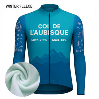Maillot cycliste hiver Col de l’Aubisque manches longues, bleu polaire, motifs forêt et montagne, chaleur, protection froideur, exclusivité LovingBike | LovingBike