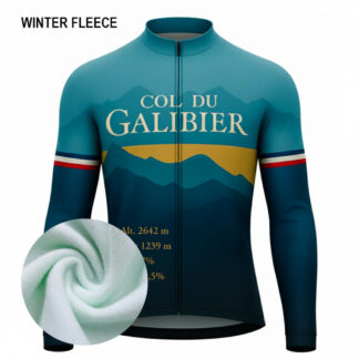 Maillot cycliste hiver Col du Galibier, manches longues bleu dégradé, polaire intérieur chaud, design montagne or, exclusivité LovingBike | LovingBike