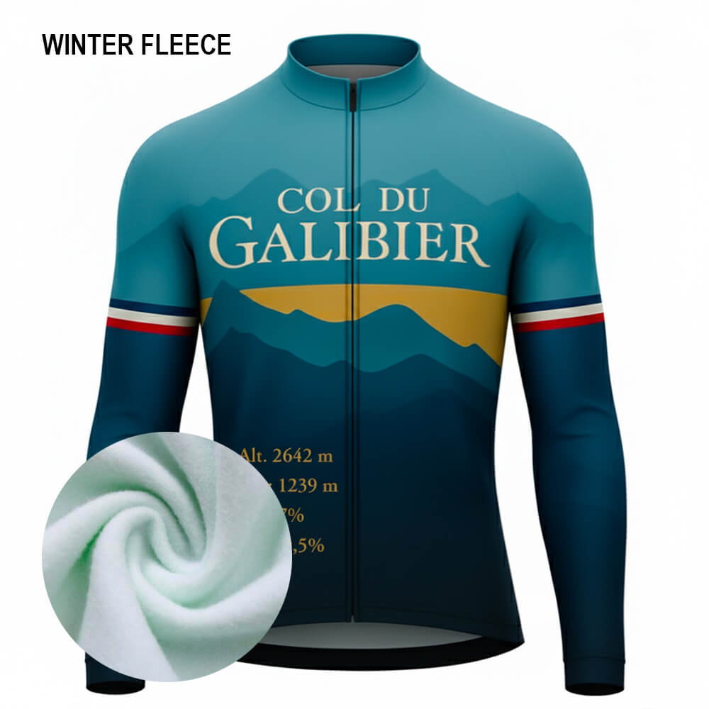 Maillot cycliste hiver Col du Galibier, manches longues bleu dégradé, polaire intérieur chaud, design montagne or, exclusivité LovingBike | LovingBike