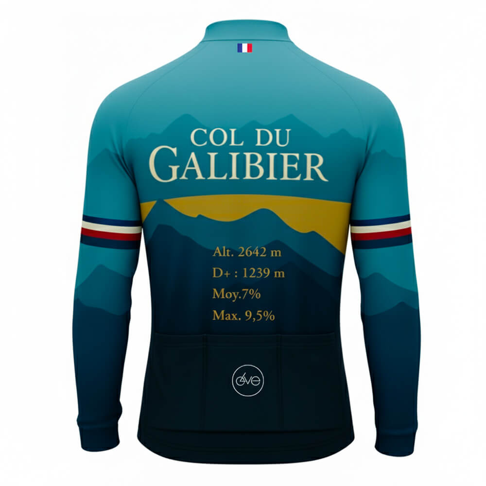 Maillot cycliste hiver Col du Galibier, manches longues bleu dégradé, polaire intérieur chaud, design montagne or, exclusivité LovingBike | LovingBike