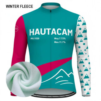 Maillot cycliste hiver Hautacam, manches longues turquoise fuchsia blanc, design graphique altitude montagne, doublure polaire, exclusivité LovingBike | LovingBike
