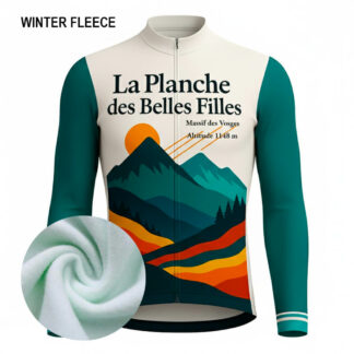 Maillot cycliste hiver La Planche des Belles Filles, manches longues écru vert, design montagne Vosges, doublure polaire, exclusivité LovingBike
