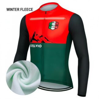 Maillot cycliste hiver Stelvio, manches longues polaire rouge vert noir, design Passo dello Stelvio montagne, exclusivité LovingBike | LovingBike