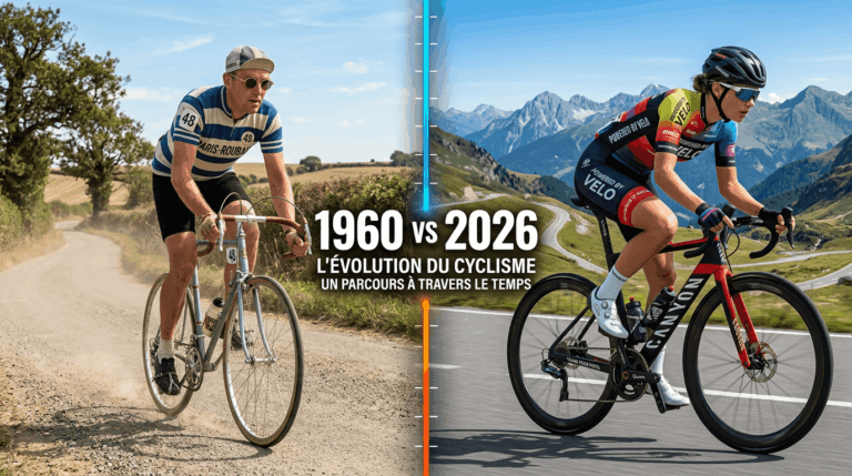 Cycliste des années 1960 et cycliste moderne de 2026 sur une bannière comparant le vélo d’hier et le vélo d’aujourd’hui.