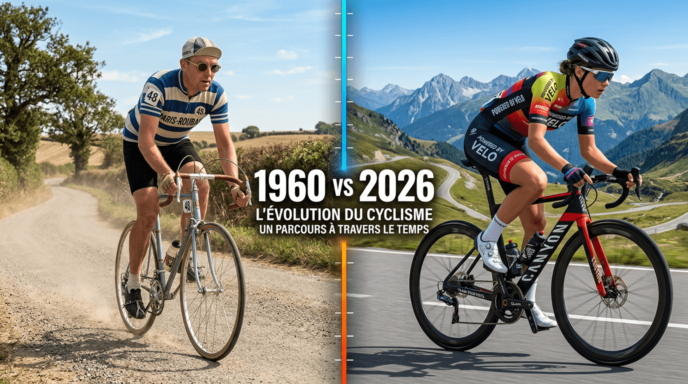 Cycliste des années 1960 et cycliste moderne de 2026 sur une bannière comparant le vélo d’hier et le vélo d’aujourd’hui.