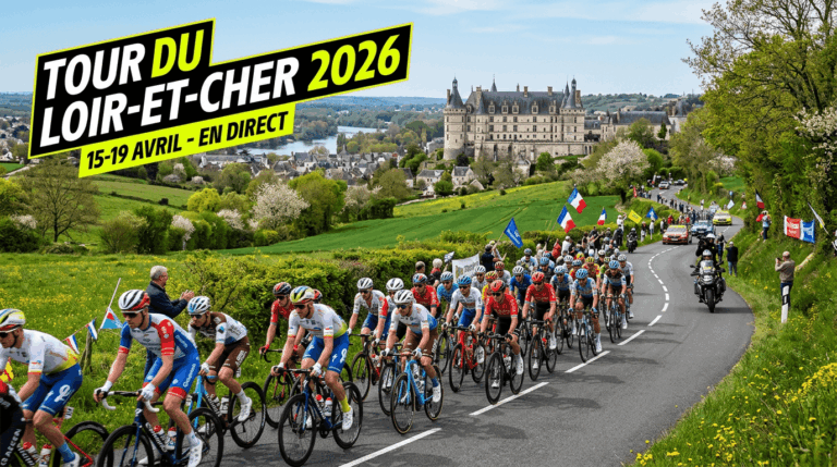 Peloton de coureurs professionnels du Tour du Loir-et-Cher 2026 en pleine accélération sur route vallonnée printanière, château de Blois en arrière-plan, course UCI 2.2 du 15 au 19 avril