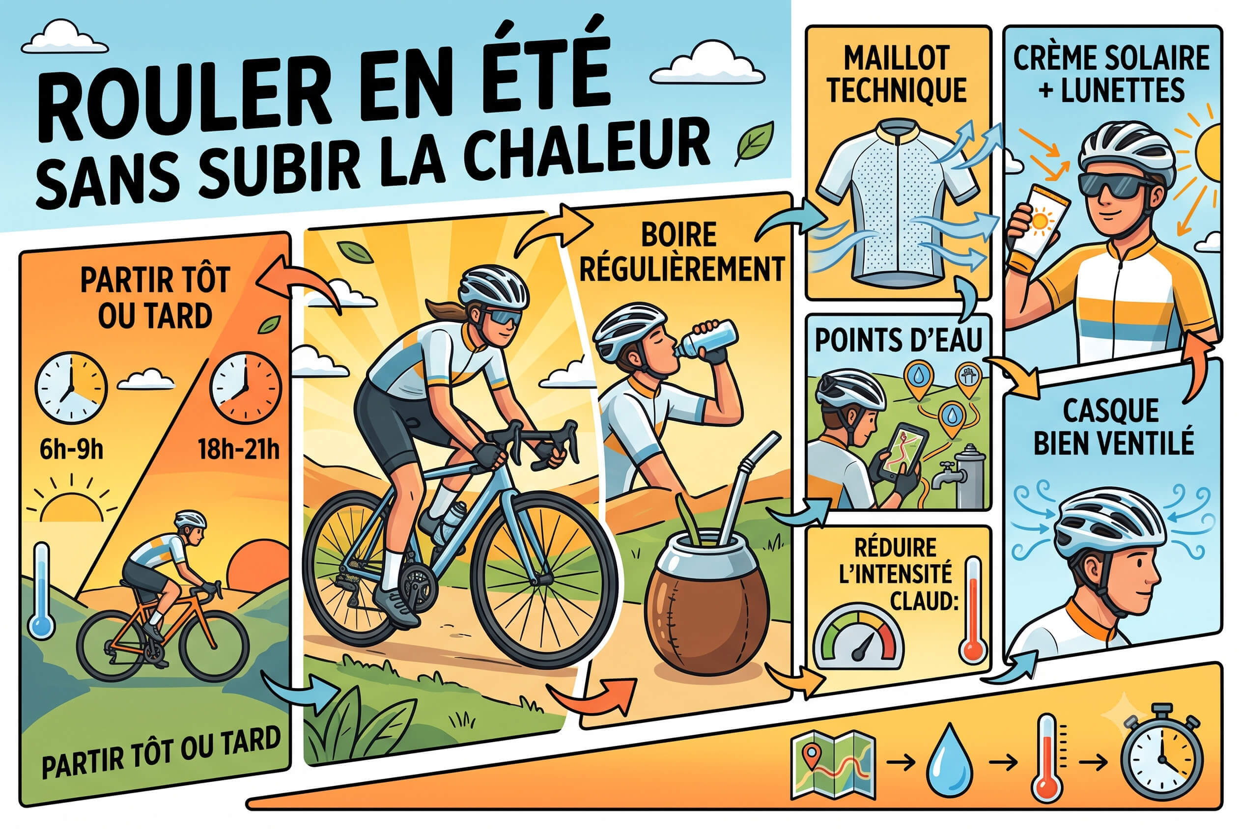 Infographie: Cyclisme et forte chaleur : les gestes clés pour rouler en sécurité en été